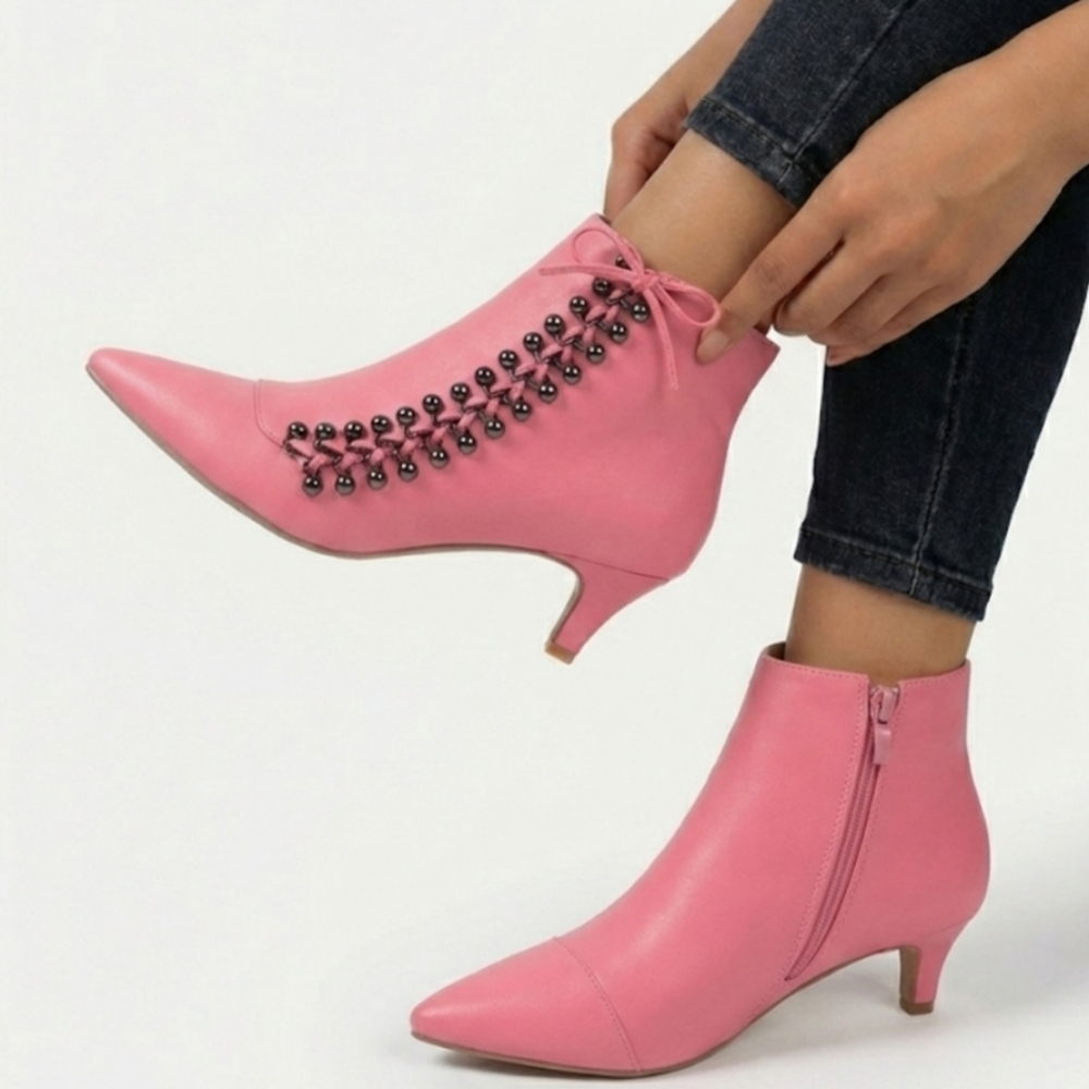 Kurt Geiger London Pink Leather Ankle Boots Kitten Heel Side Lace Beaded 37 US 7 - Picture 3 of 16